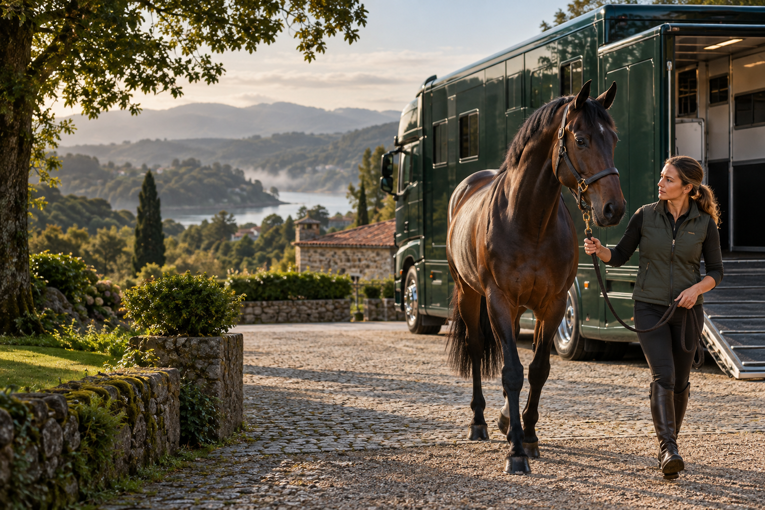 Escena ilustrativa de manejo de un caballo junto a un transporte equino