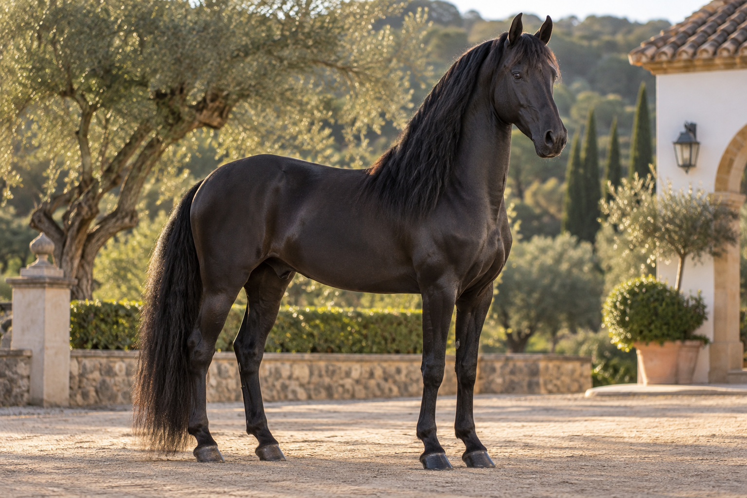 Caballo negro de paso fino de cuerpo completo — imagen ilustrativa generada por IA